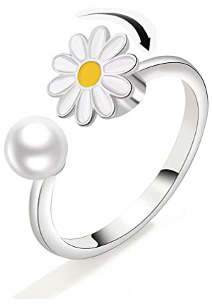 Bee Daisy Flower Evil Eye Beads Anxiety Spinner Fidget Rings Rotatable Calming Worry Meditation Mood Relieve Stress Rings for Women Ladies Girls Gifts-White Daisy & Pearl