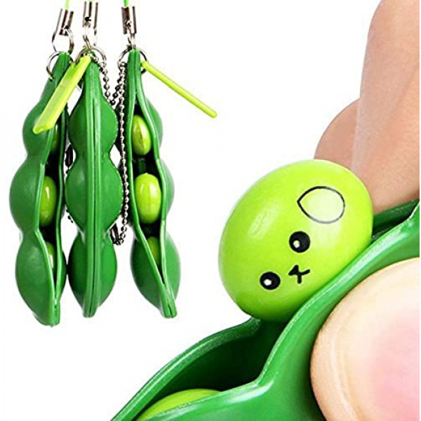 iMagitek 3 Pcs Fidget Toy Set, Squeeze-a-Bean Soybean Stress Relieving Playful Charms Extrusion Edamame Pea Keychain for Mobile Phones and Keys - Green