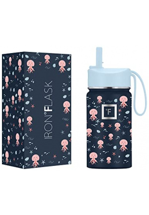 IRON °FLASK Kids Water Bottle - 14 Oz, Straw Lid, 20 Name Stickers, Vacuum Insulated Stainless Steel, Double Walled Tumbler Travel Cup, Thermo Mug, Metal Canteen Inkredible Octopus