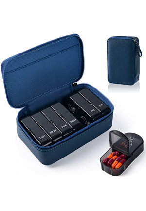 Weekly Pill Organizer Travel Pill Box with Leather Zip Case and Strap 7 Day 2 Times a Day AM/PM Morning Night Large Capacity Compartments to Hold Medicine Vitamins Supplements Fish Oil, Navy