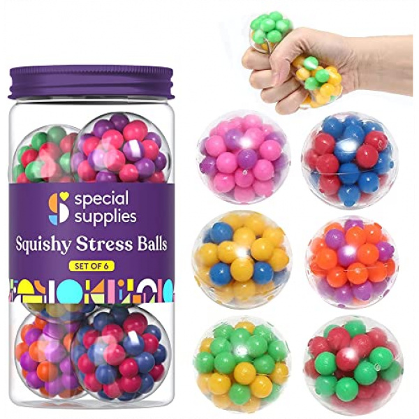 Special Supplies Squish Stress Ball (6-Pack) Squeeze, Color Sensory Toy - Relieve Tension, Stress - Home, Travel and Office Use - Fun for Kids and Adults (Squishy)