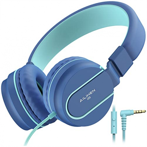 AILIHEN I35 Kid Headphones with Microphone Volume Limited 85dB Children Girls Boys Teen Lightweight Foldable Wired Headset for School Online Course Chromebook Cellphones Tablets (Blue)