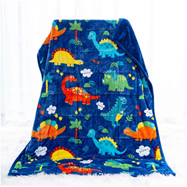 Sivio Kids Fleece Weighted Blanket (5lbs), Ultra Soft and Comfy Heavy Blanket, Great for Calming and Sleep, Fall and Winter Flannel Weighted Blanket for Toddler, Blue Dinosaur, 36x48inch