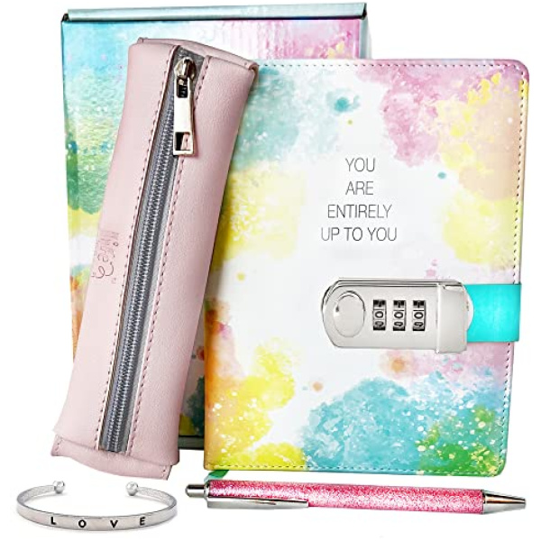 Life is a Doodle Diary with Lock for Girls ages 8-12 - Kids Journals for Writing, Self-Expression & Creativity– Notebook Journal with Lock Includes Leather Journal Notebook, Combination Lock, Sleek Pencil Pouch, Bracelet & Pink Journals Writing Pen